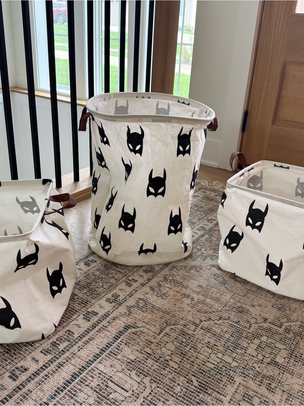 Canvas Bat Mask Print Laundry Basket - White and Black